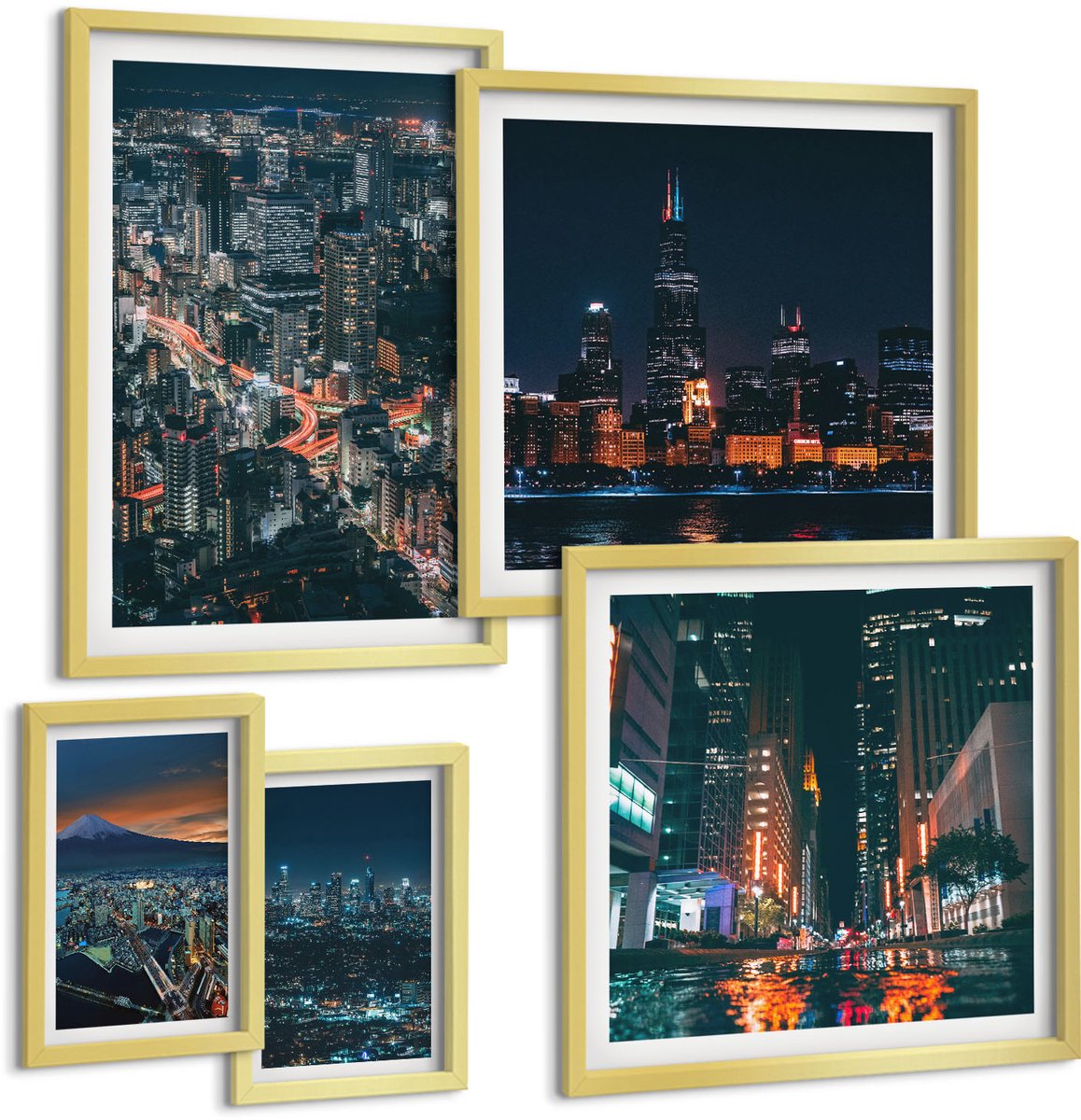 Coloray 5-Delige Schilderij Set - Nachtelijke Uitzichten Op Moderne Steden En Hun Architectuur - 50 x 50 cm, 20 x 30 cm En 40 x 60 cm - Wanddecoratie - Schilderijen Set - Interieur - Muurdecoratie