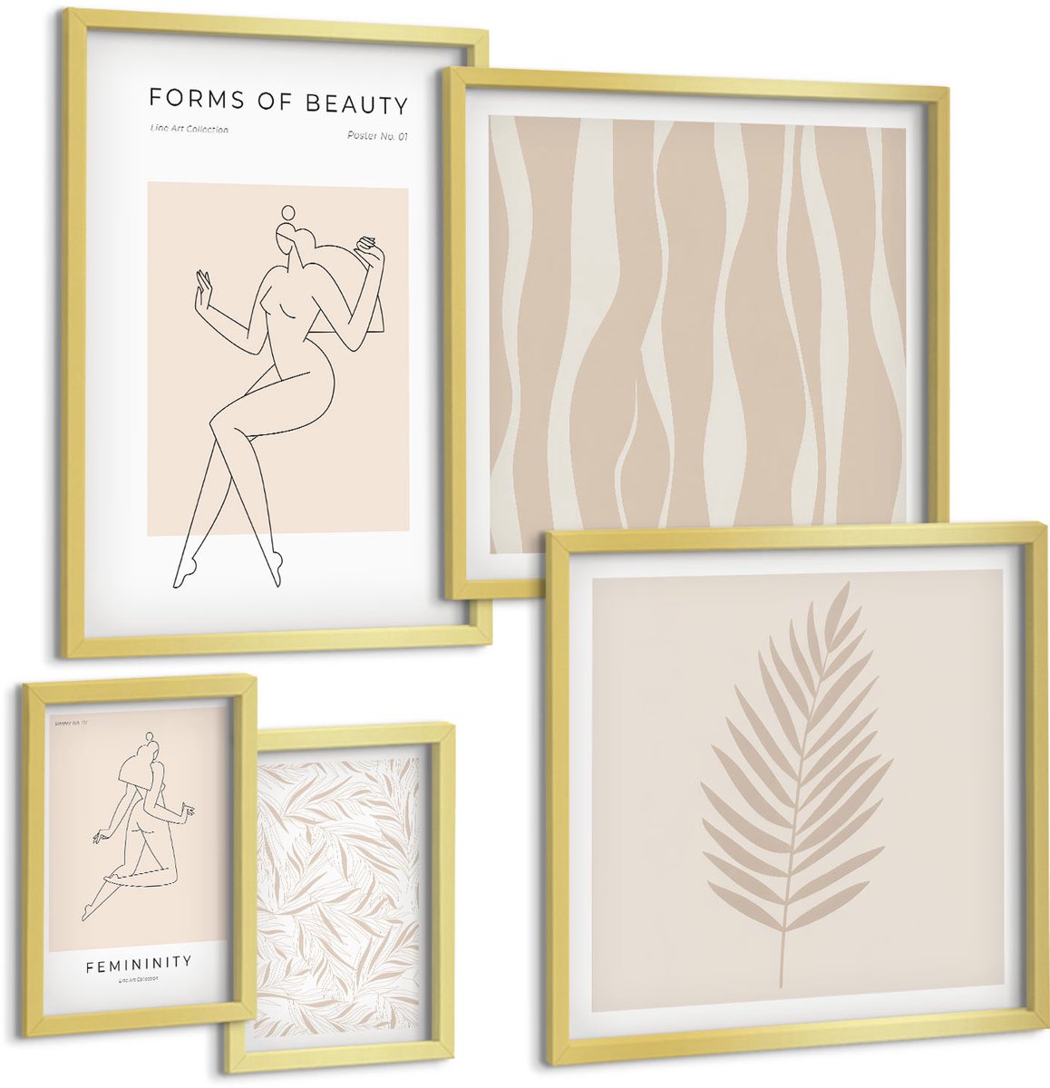 Coloray 5-Delige Schilderij Set - Stijlvolle Graphics Met Vrouwelijke Silhouetten En Plantmotieven. - 50 x 50 cm, 20 x 30 cm En 40 x 60 cm - Schilderijen Set - Wanddecoratie - Woonkamer