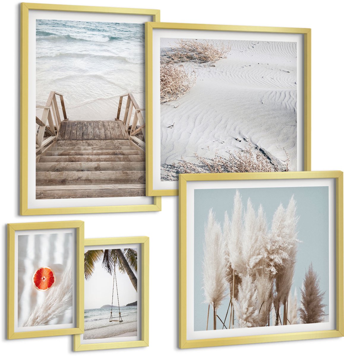 Coloray 5-Delige Schilderij Set - Strandinspiratie Met Uitzicht Op Zee En Natuur - 50 x 50 cm, 20 x 30 cm En 40 x 60 cm - Wanddecoratie - Woonkamer Decoratie