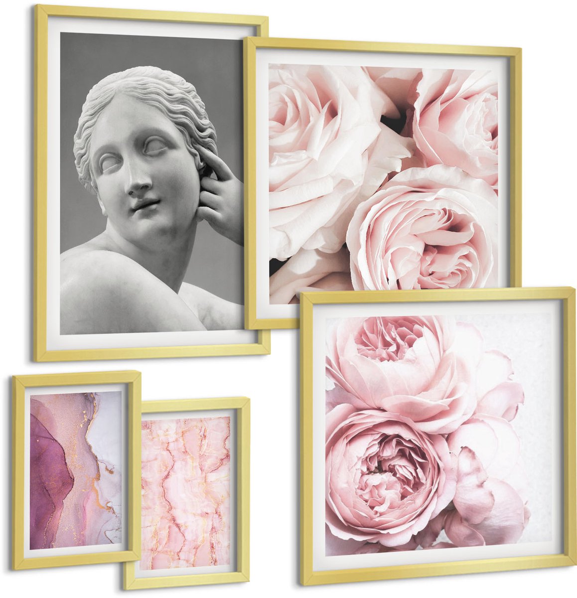 Coloray 5-Delige Schilderij Set - Bloemaccenten Met Houtsnijwerk In Een Klassieke Stijl. - 50 x 50 cm, 20 x 30 cm En 40 x 60 cm - Wanddecoratie - Schilderijen Set - Kantoor