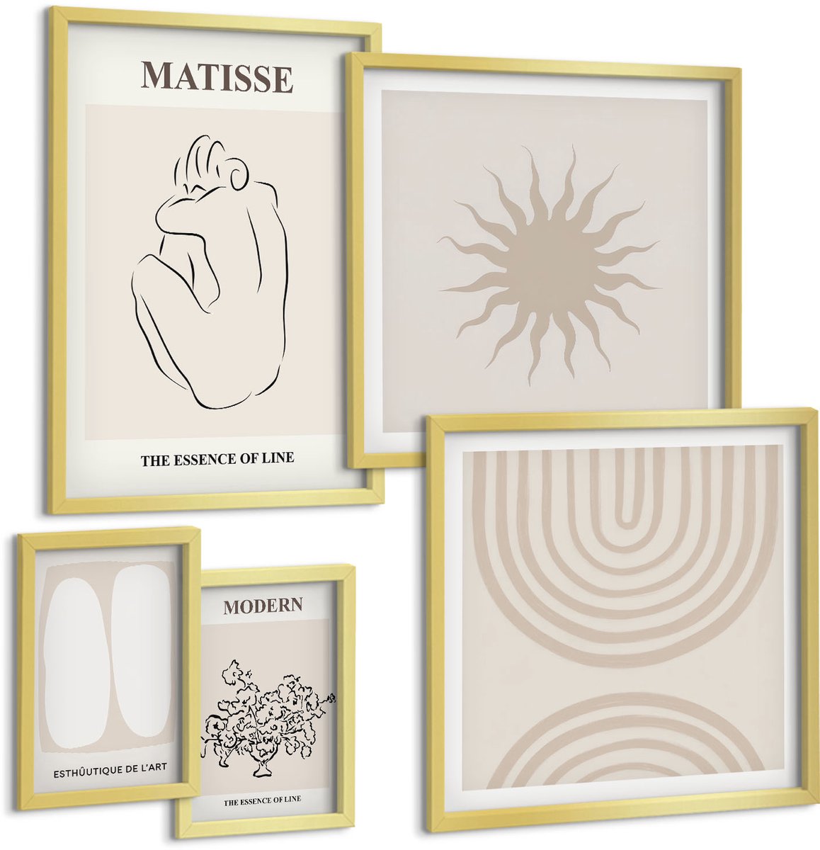 Coloray 5-Delige Schilderij Set - Minimalistische Lijnen En Abstracte Vormen In De Moderne Kunst - 50 x 50 cm, 20 x 30 cm En 40 x 60 cm - Decoratieve Schilderijen - Woonkamer - Interieur