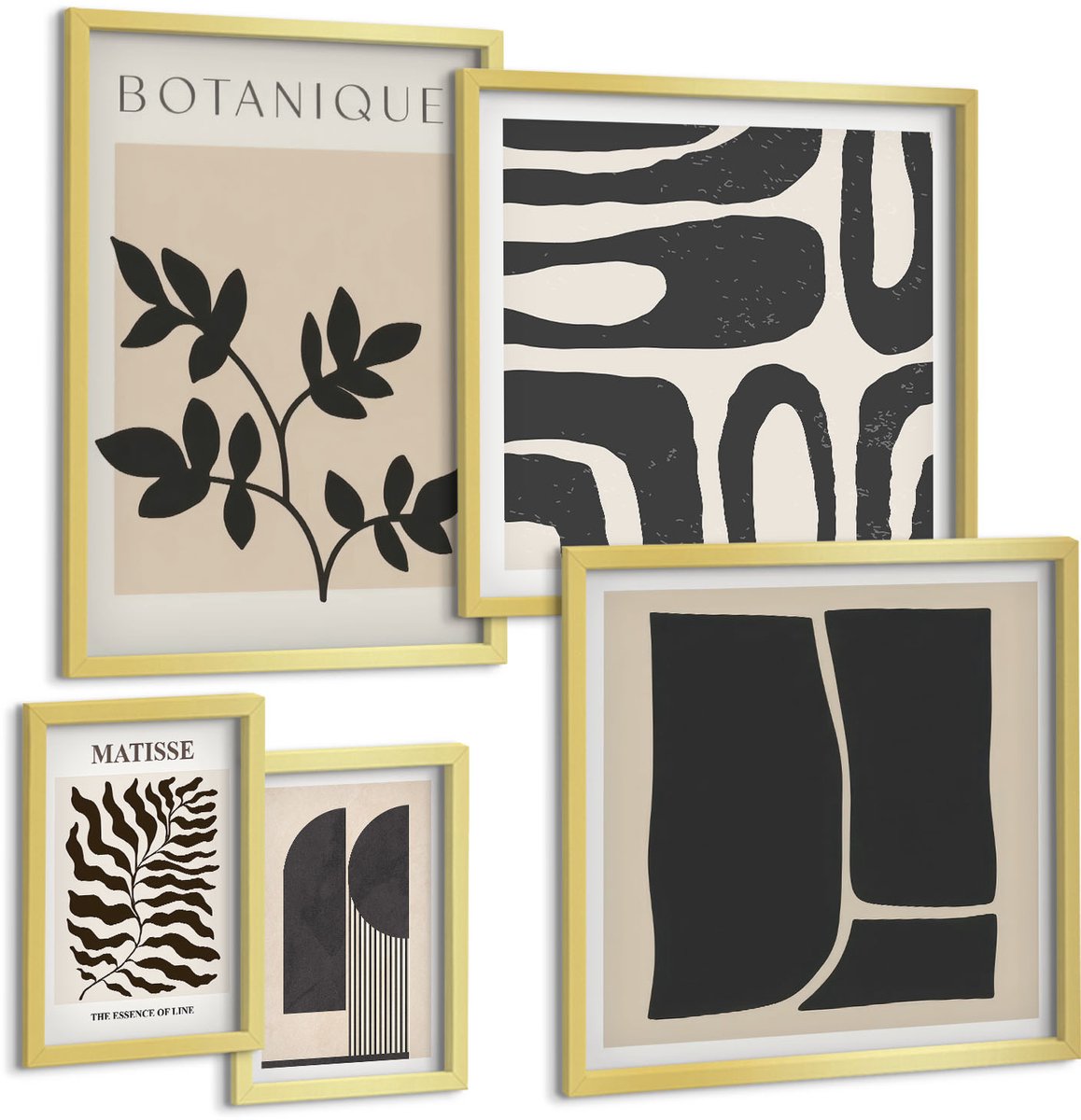 Coloray 5-Delige Schilderij Set - Stijlvolle Grafische Vormgeving In Natuurlijke En Abstracte Tinten. - 50 x 50 cm, 20 x 30 cm En 40 x 60 cm - Muurdecoratie - Wanddecoratie - Hal - Decoratieve Schilderijen