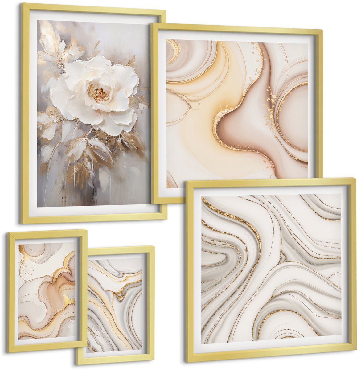 Coloray 5-Delige Schilderij Set - Bloemmotieven En Abstracte Patronen In Een Elegante Stijl. - 50 x 50 cm, 20 x 30 cm En 40 x 60 cm - Decoratieve Schilderijen - Woonkamer - Interieur - Muurdecoratie