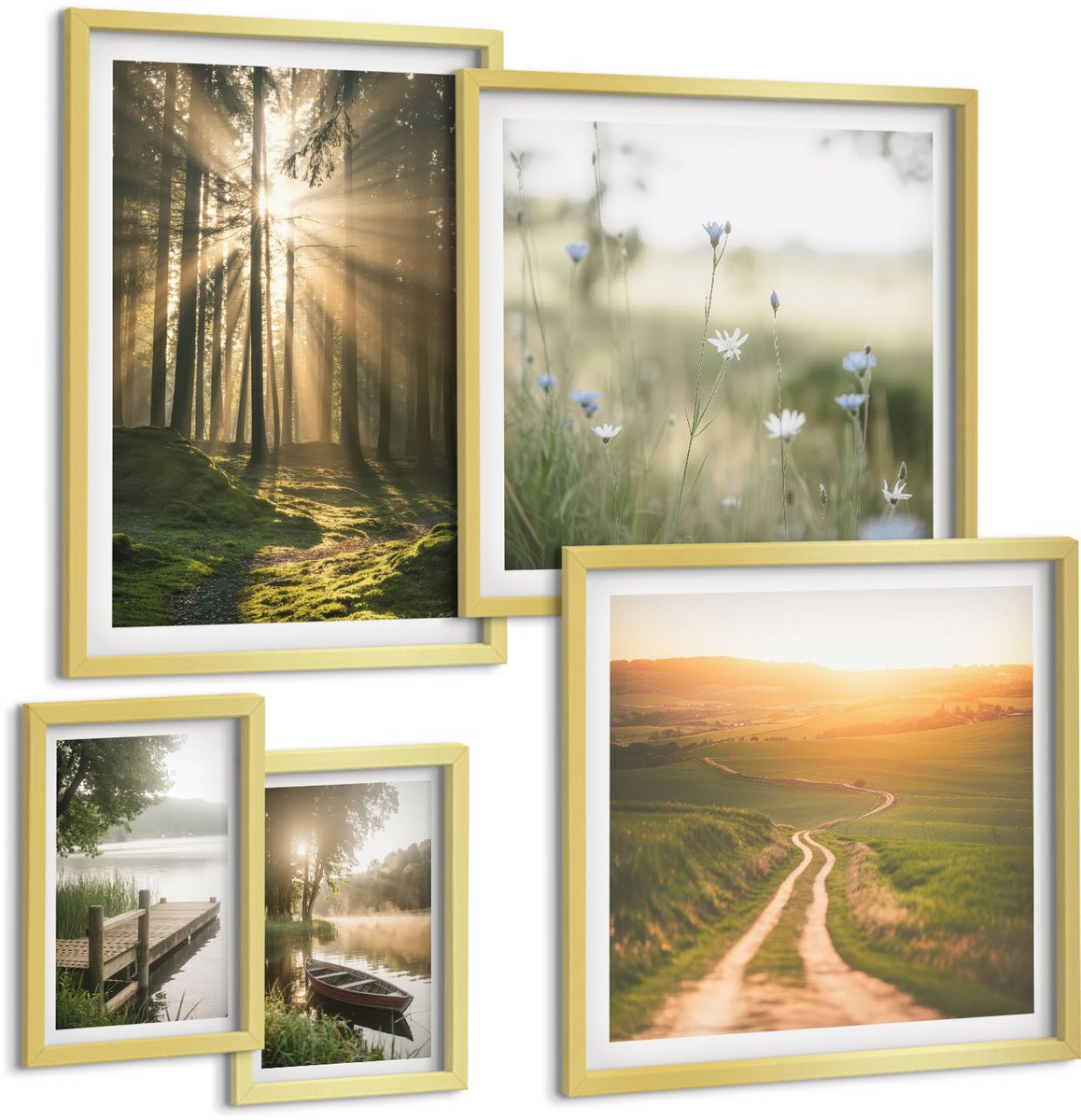 Coloray 5-Delige Schilderij Set - Boslandschappen Met Zonnestralen En Kalm Water - 50 x 50 cm, 20 x 30 cm En 40 x 60 cm - Wanddecoratie - Schilderijen Set - Kantoor - Muurdecoratie