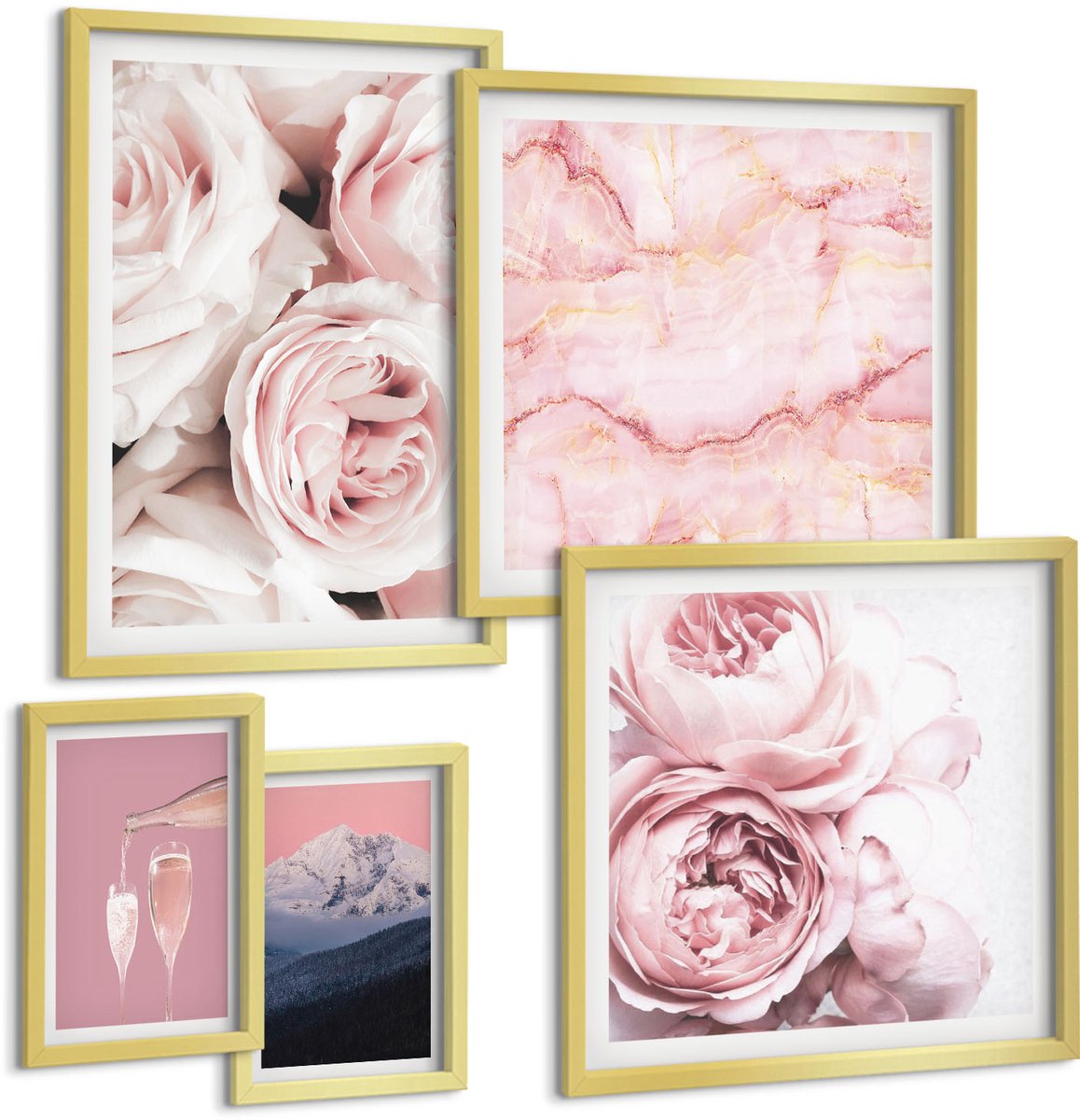 Coloray 5-Delige Schilderij Set - Roze Bloemen, Elegante Accenten En Delicate Patronen - 50 x 50 cm, 20 x 30 cm En 40 x 60 cm - Stijlvolle Muurdecoratie - Slaapkamer - Interieur Decoratie