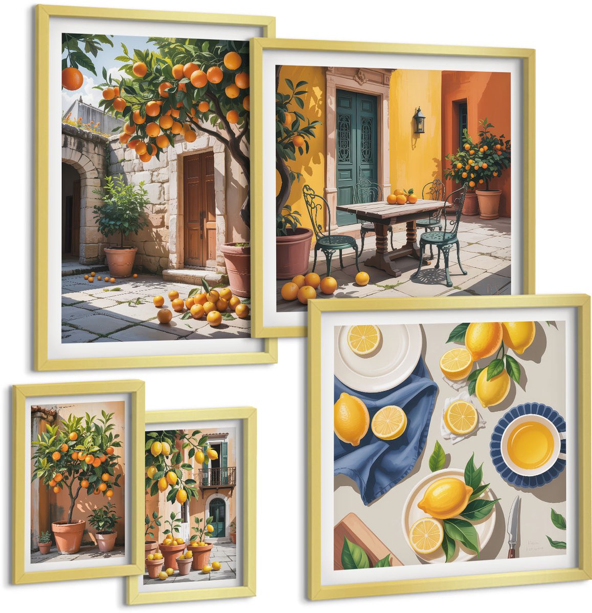 Coloray 5-Delige Schilderij Set - Citrusvruchten In Zonnige Tuinen En Op Terrassen - 50 x 50 cm, 20 x 30 cm En 40 x 60 cm - Moderne Wanddecoratie - Slaapkamer - Woonkamer Decoratie