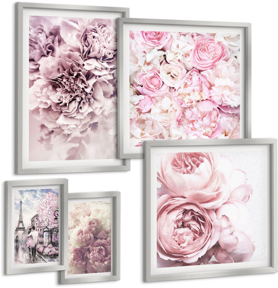 Coloray 5-Delige Schilderij Set - Bloemen In Verschillende Tinten Roze, Romantisch Landschap - 20 x 30 cm - Muurdecoratie - Wanddecoratie - Slaapkamer - Woonkamer Decoratie