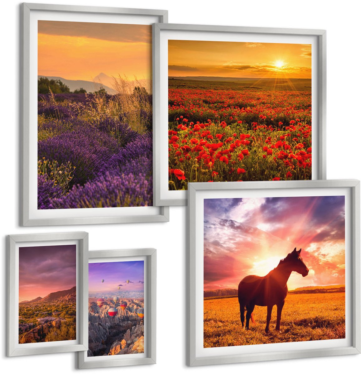 Coloray 5-Delige Schilderij Set - Berglandschappen Met Paarden En Lavendelvelden - 20 x 30 cm - Wanddecoratie - Moderne Interieurdecoratie - Muurdecoratie