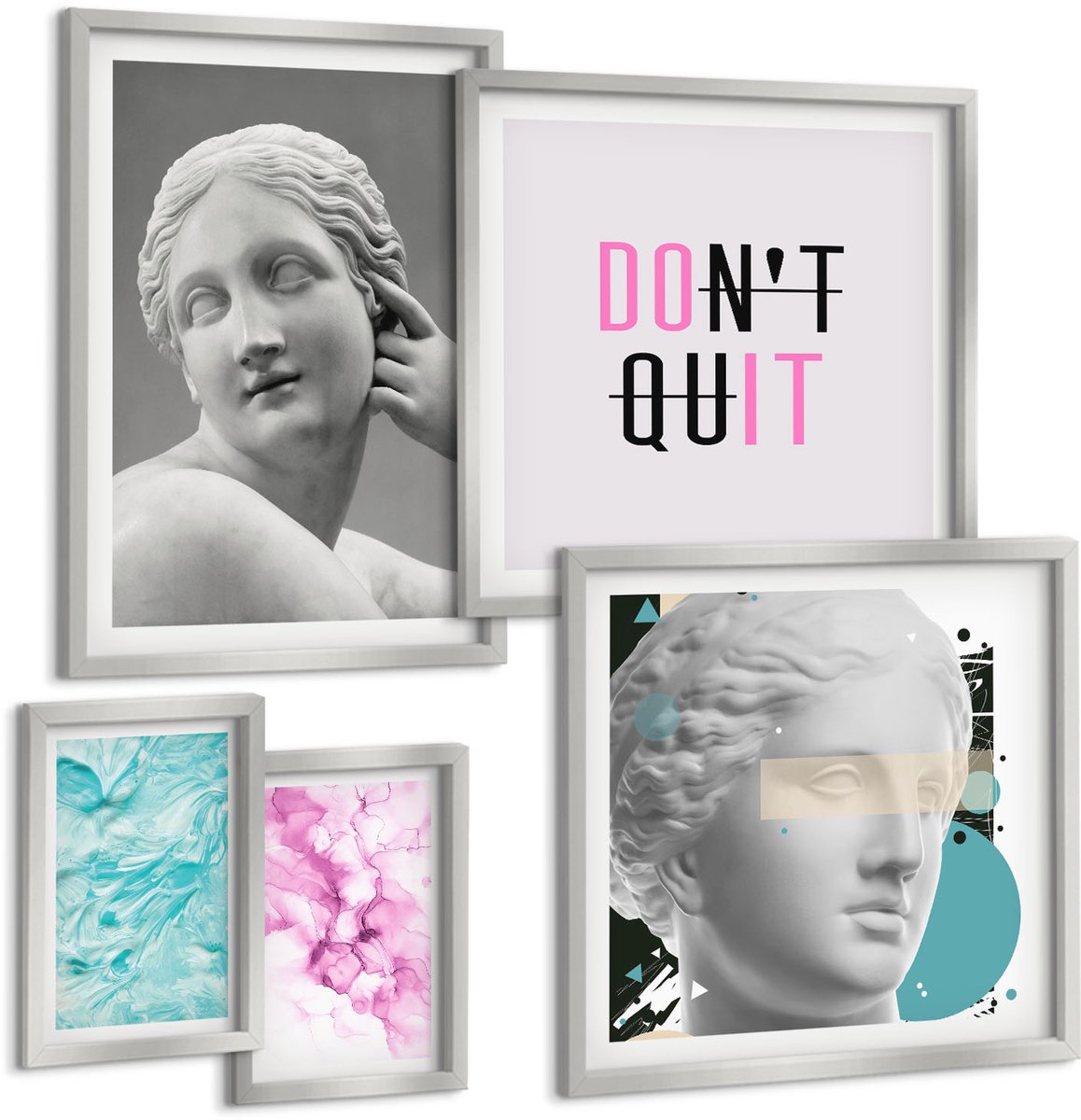 Coloray 5-Delige Schilderij Set - Aquarel Abstractie Inspirerende Slogan Oude Beeldhouwkunst - 20 x 30 cm - Wanddecoratie - Muurdecoratie - Woonkamer - Woonkamer Decoratie
