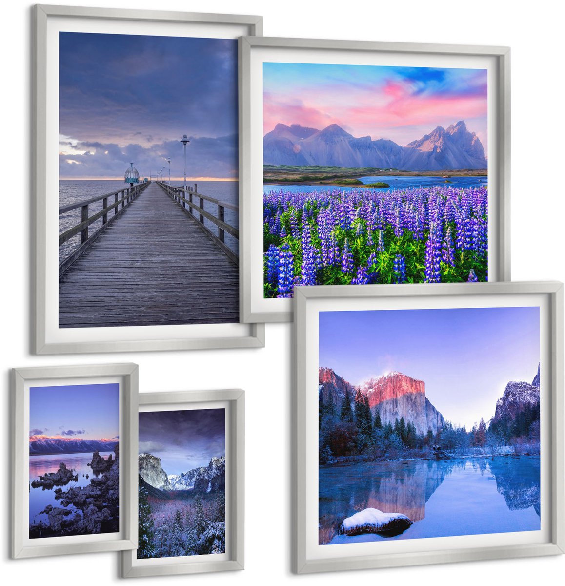 Coloray 5-Delige Schilderij Set - Berglandschappen Met Water, Lucht En Bloemenvelden - 20 x 30 cm - Muurdecoratie - Wanddecoratie - Slaapkamer - Woonkamer Decoratie Zilveren lijst
