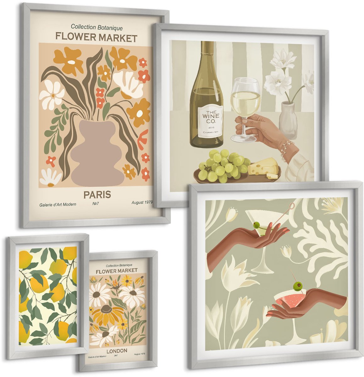 Coloray 5-Delige Schilderij Set - Bloemenposters Parijs Milaan Londen - 20 x 30 cm - Stijlvolle Wanddecoratie - Interieur - Interieur Decoratie