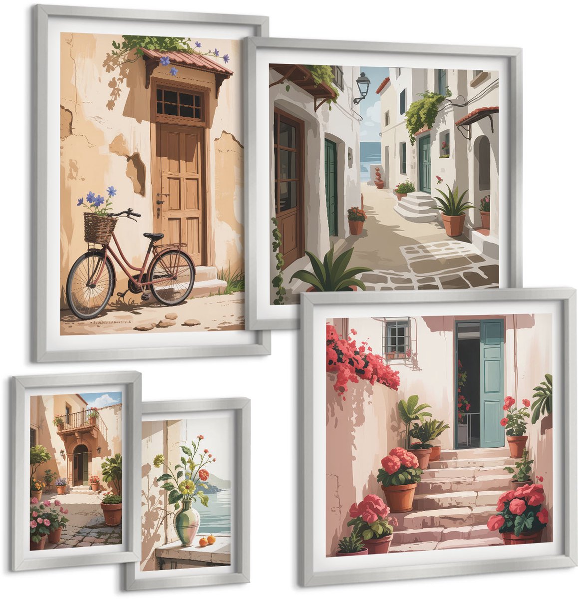 Coloray 5-Delige Schilderij Set - Charmante Straatjes Langs De Kust Met Bloemen En Fietsen. - 20 x 30 cm - Muurdecoratie - Interieur Decoratie - Woonkamer Decoratie