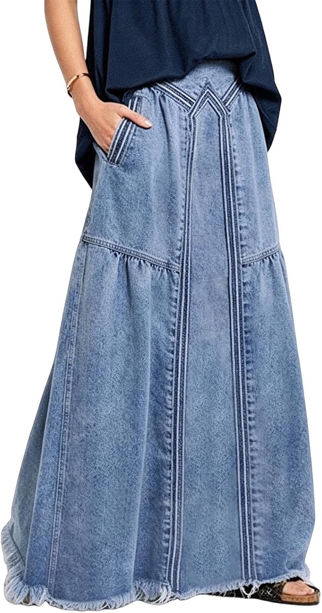 Ebossy Casual elastische taille gerafelde zoom A-lijn distressed hippie lange maxi denim rok voor dames