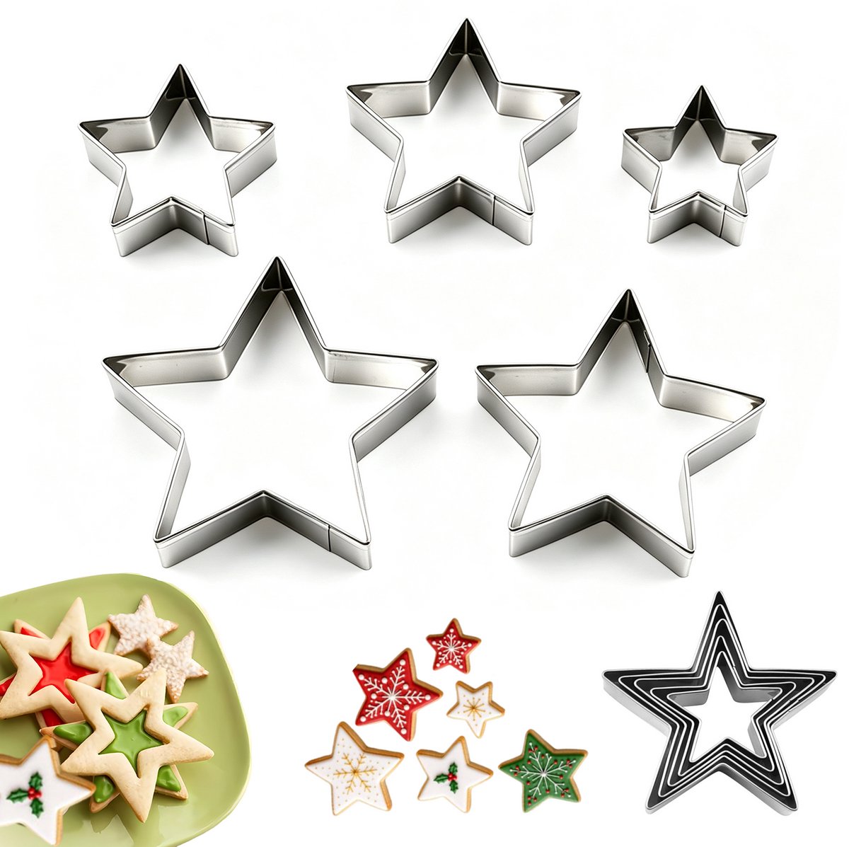 5 stuks - uitsteekvormpjes - kookvormen - koek vormen - Sterkoekjesvormpjes - RVS Koekvormen Set - Zilver - 7,7 cm x 7,5 cm x 1,7 cm - Geschikt voor sandwiches en kaas - Voor thuis bakken
