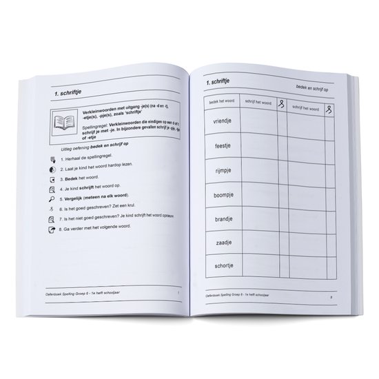 Open spelling oefenboek met oefening 'schrijf het woord' en tabellen.