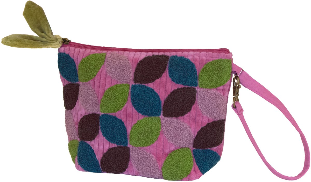Handed By - Velours opbergtasje met ritssluiting - Make up tasje - Opbergtasje - Toilettas - Leela - framboosroze met bloemendesign - raspberry
