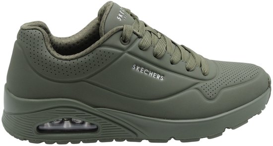 Sneaker Skechers verte à lacets avec amorti d'air visible dans la semelle. Perforations sur le bout et les côtés.