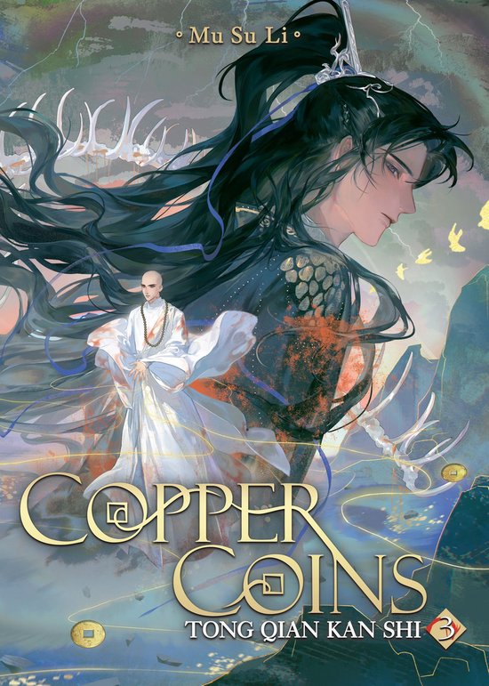 Boekomslag met twee mannen, "Copper Coins Tong Qian Kan Shi" op de voorkant.