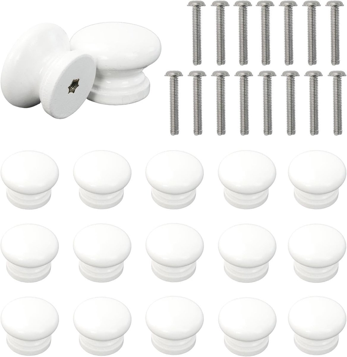 Ronde witte kastknoppen van hout, 33 mm, met schroeven voor lades en deuren, ideaal voor keukenkasten en meubels