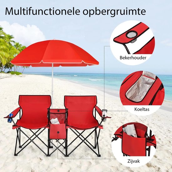 MokoHub 2-zits campingstoel - Kampeerstoelen met parasol - Opvouwbaar - Met bekerhouder - 160x55x85 cm - Rood — afbeelding 5