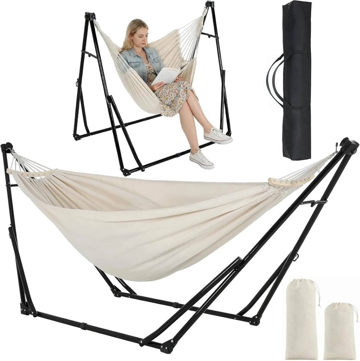 AALVERO - Hangmat met standaard - Hangstoel - Tuin - Balkon - Camping - Opvouwbaar - Verstelbaar - 231x84cm - 200kg - Khaki