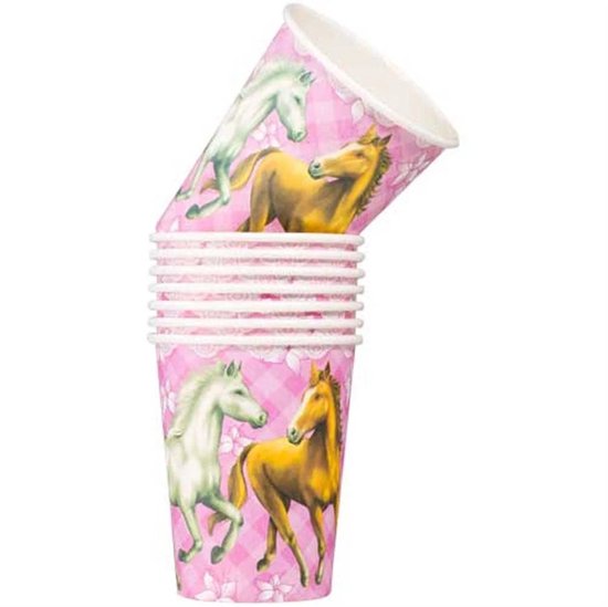 Stapel roze bekers met een geruit patroon en afbeeldingen van witte en gouden paarden.