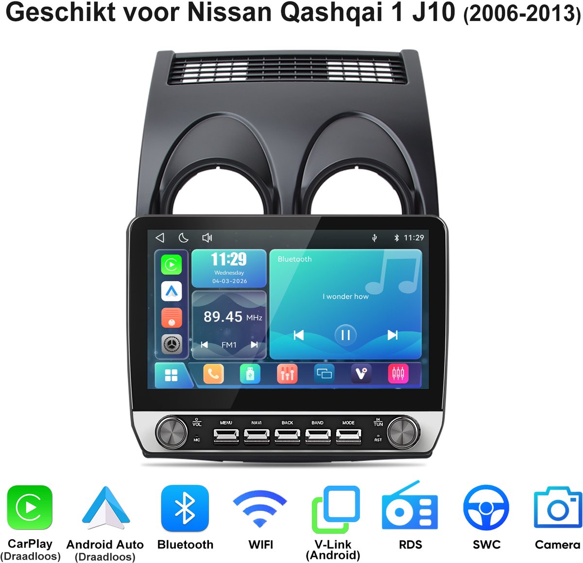 Junsun lINUX Draadloos Carplay & Andriod Auto Geschikt voor Nissan Qashqai J10 2006-2013 - 10.1 Inch HD TouchScreen - Bluetooth - Navigatie - WiFi - FM - RDS - Stuurwielbediening