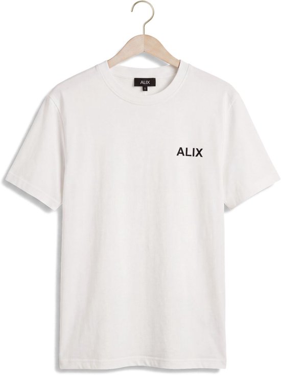 Wit ALIX t-shirt met korte mouwen, opgehangen aan een kledinghanger.