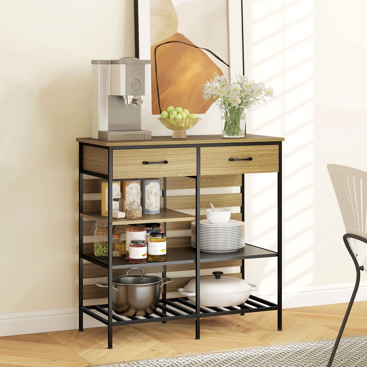 AURA LUMEN-Buffetkast-Buffet keuken 90x40x91 cm met 2 lades en 3 open planken-natuurlijk hout en zwart staal
