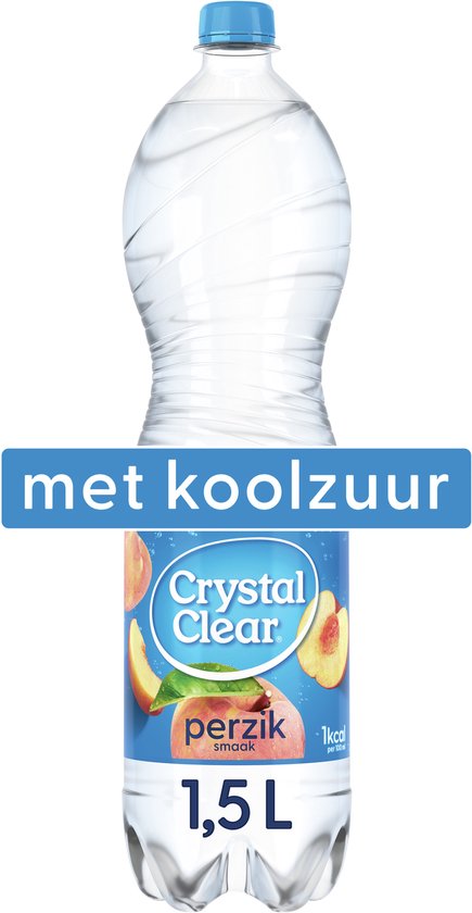 Crystal Clear Perzik smaak, 1,5L fles met koolzuur en perzikillustraties.