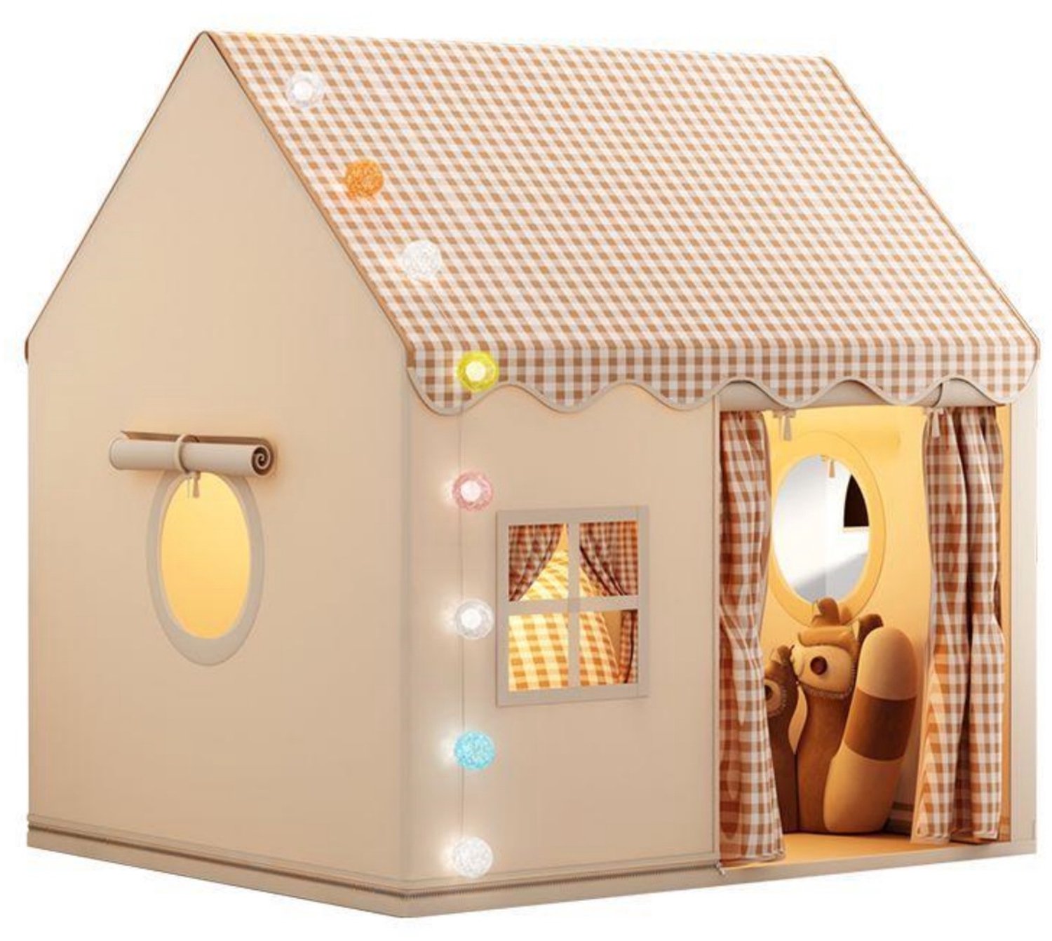 SSTRWGOOD Speltent - Kinder Speeltent Binnen - Prinsessentent met Ramen - Uitklapbaar 105x128x120cm - Incl. Metalen Montagebuis - Geschikt voor 2 Kinderen en Grote Poppen - Khaki
