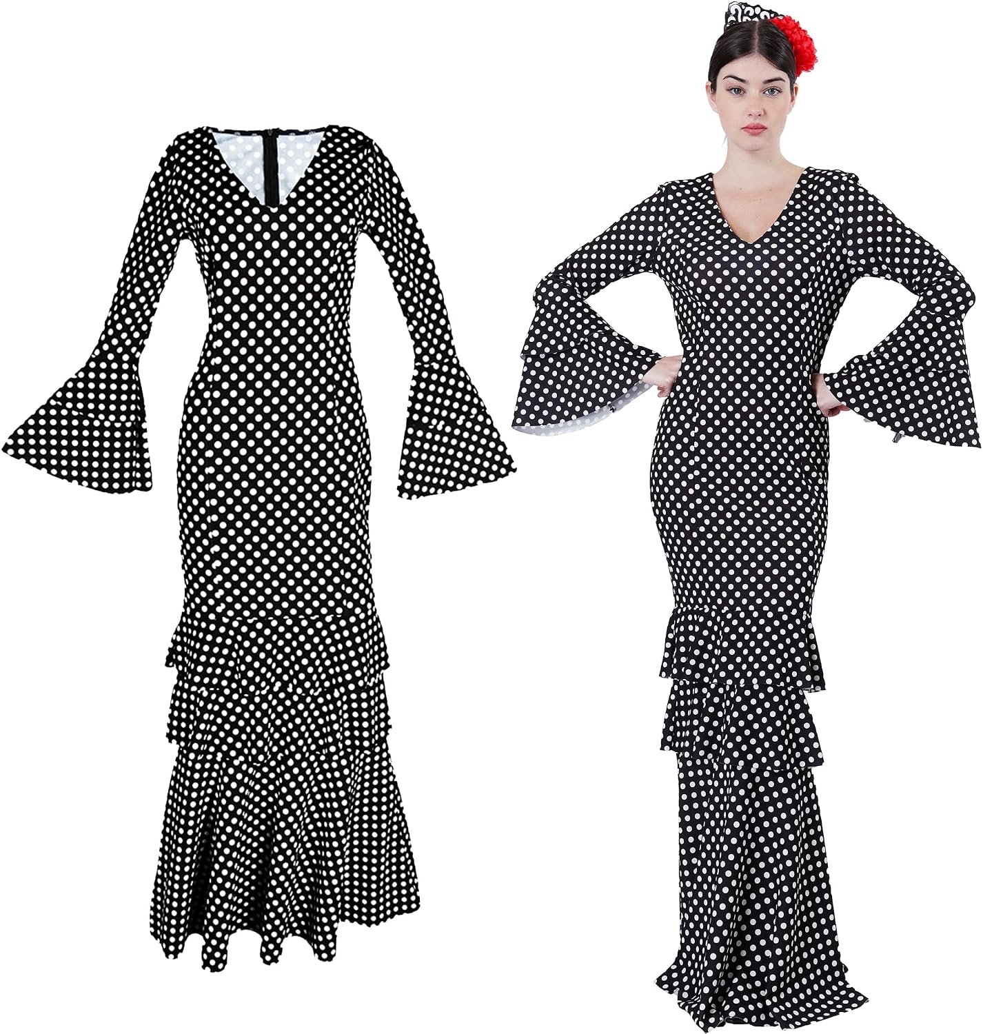 Sevillan-kostuum voor dames, Sevillana-kostuum, Andaluz met stippen, ideaal voor april en carnaval