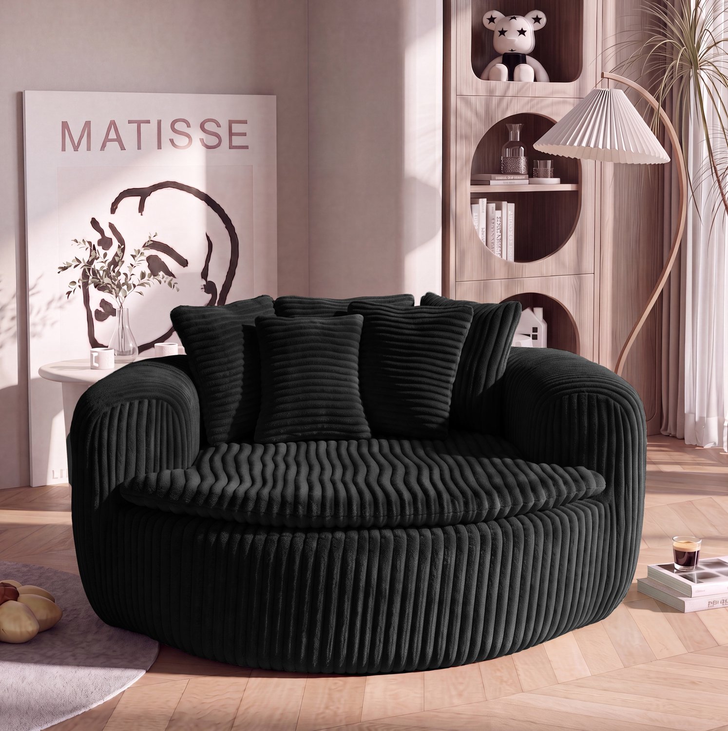 DESMIU Fauteuil 145 x 133 x 59 cm - Diepe Gewatteerde Zitting Met 5 Kussens - Woonkamer, Slaapkamer En Leeshoek - Cordstof - Zwart
