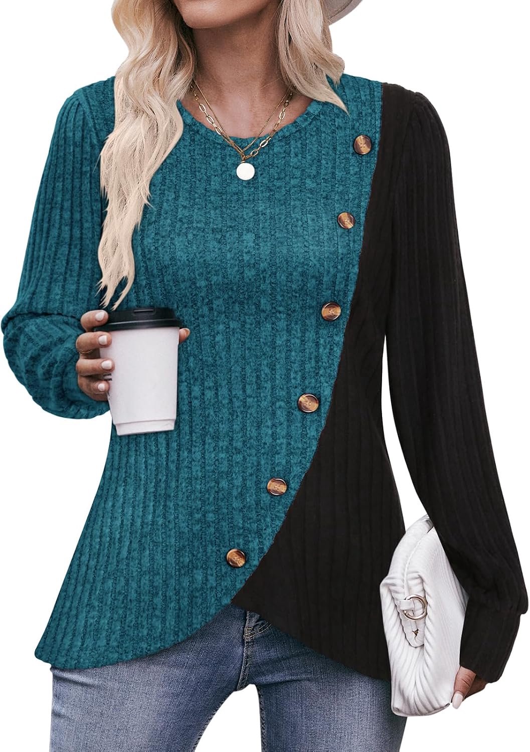 Flikity Dames lichtgewicht truien casual ronde hals tops dames lange mouw tops knoppen kant tuniek sweatshirts pullover truien lente herfst winter kleding S-3XL