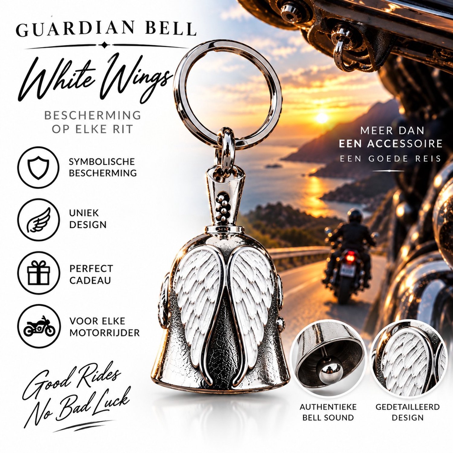 Guardian Bell White Wings - Gremlin Bell White Wings - Motoraccessoires - Bescherm Bel - Guardian bell - Motor Accessoires - Gremlin Bell - Sleutelhanger - Tashanger - Geluksbelletje Motor