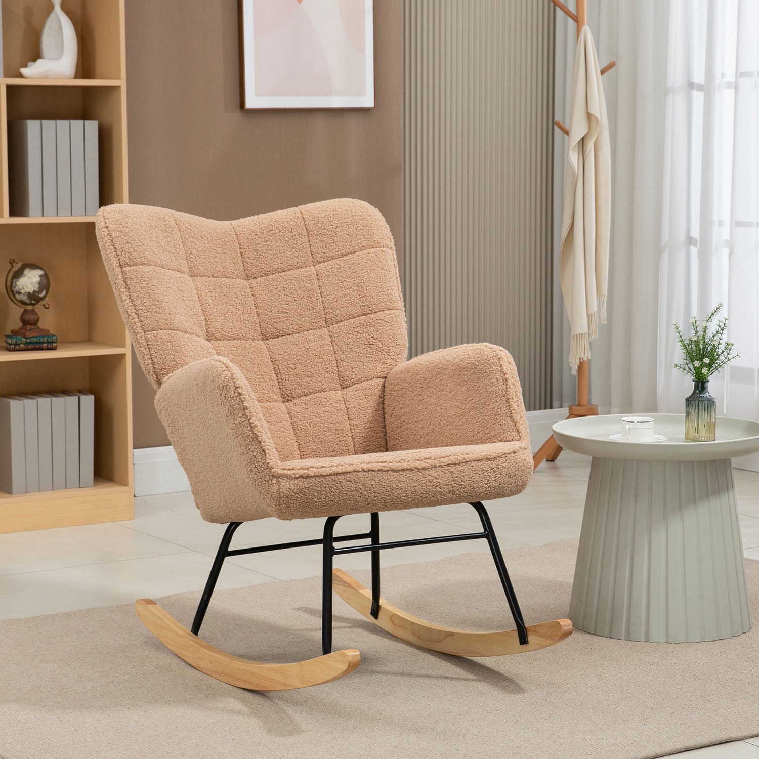 DESMIU Schommelstoel 71 x 98 x 101 cm - Zachte Lamsvachtimitatie Met Hoge Rugleuning En Armleuningen - Voor Woonkamer En Slaapkamer - Bruin