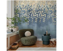 Fotobehang Profhome 791442-GU vliesbehang hardvinyl warmdruk in reliëf licht gestructureerd met bloemmotief mat blauw duifblauw zand beige parelmoer-grijs 1,59 m x 2,8 m