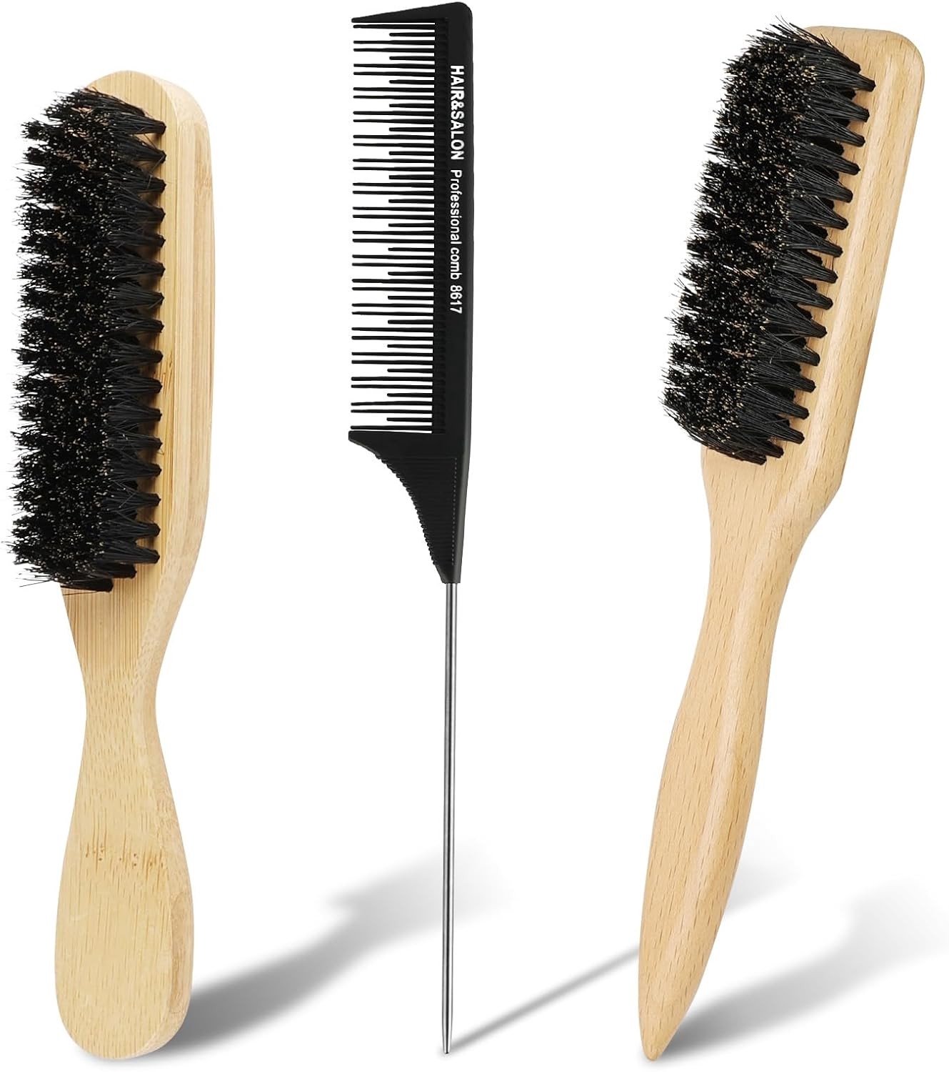 Haar- en Baardborstel met Varkensharen en Houten Kam voor Mannen en Vrouwen, Perfect voor Ontwarren en Stylen van Haar en Baard, Inclusief Zwart Scheidingskam voor Vlechten