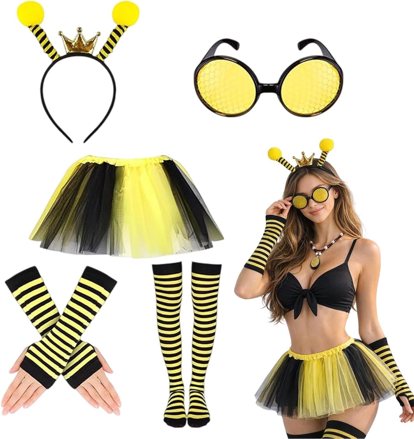 Vrouwelijk Bij Kostuum met Tutu Rok, Antenne Hoofdband, Gestreepte Kousen en Lange Handschoenen voor Carnaval en Halloween Feestjes