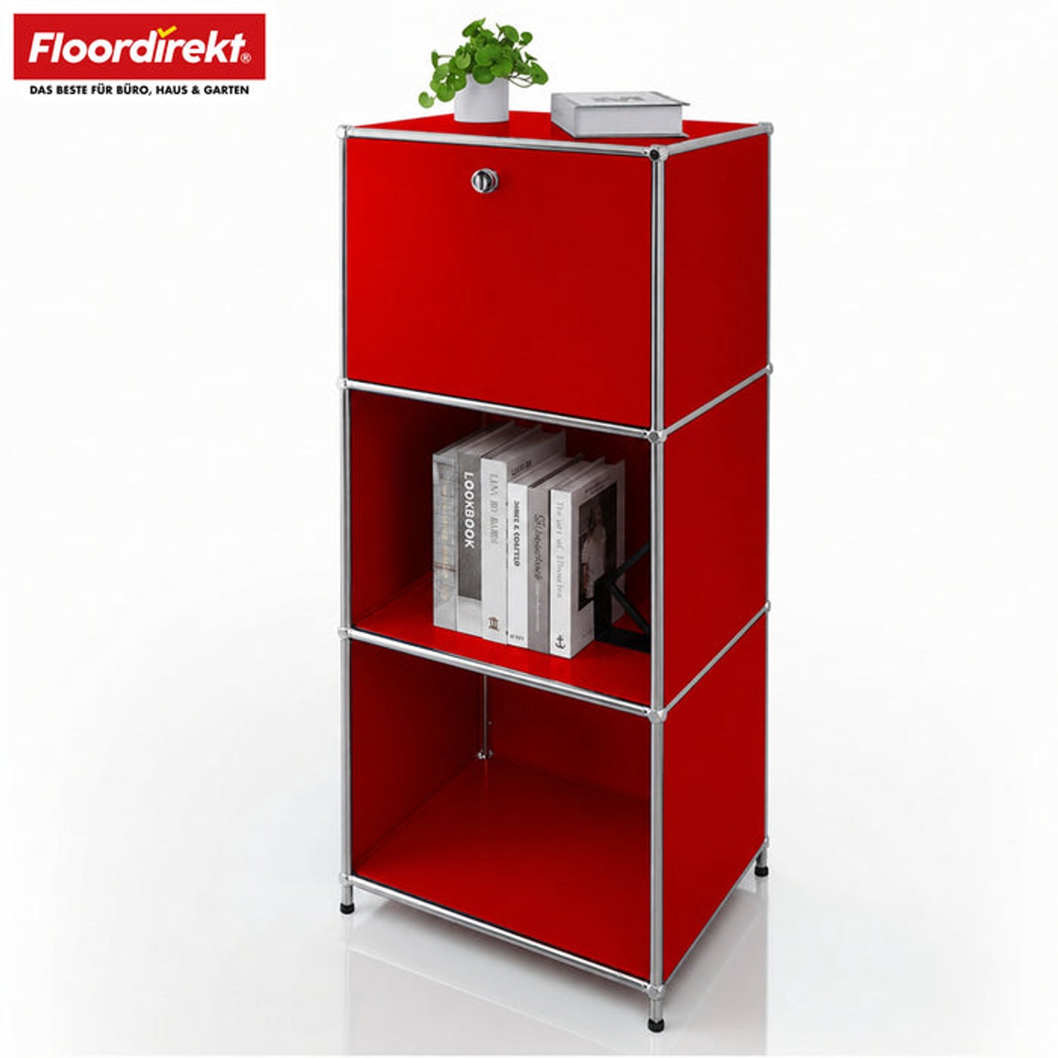 Floordirekt Concept Epure MK-107 – Metalen opbergkast met afsluitbaar vak en open legplanken – Rood- 50 × 40 × 121 cm