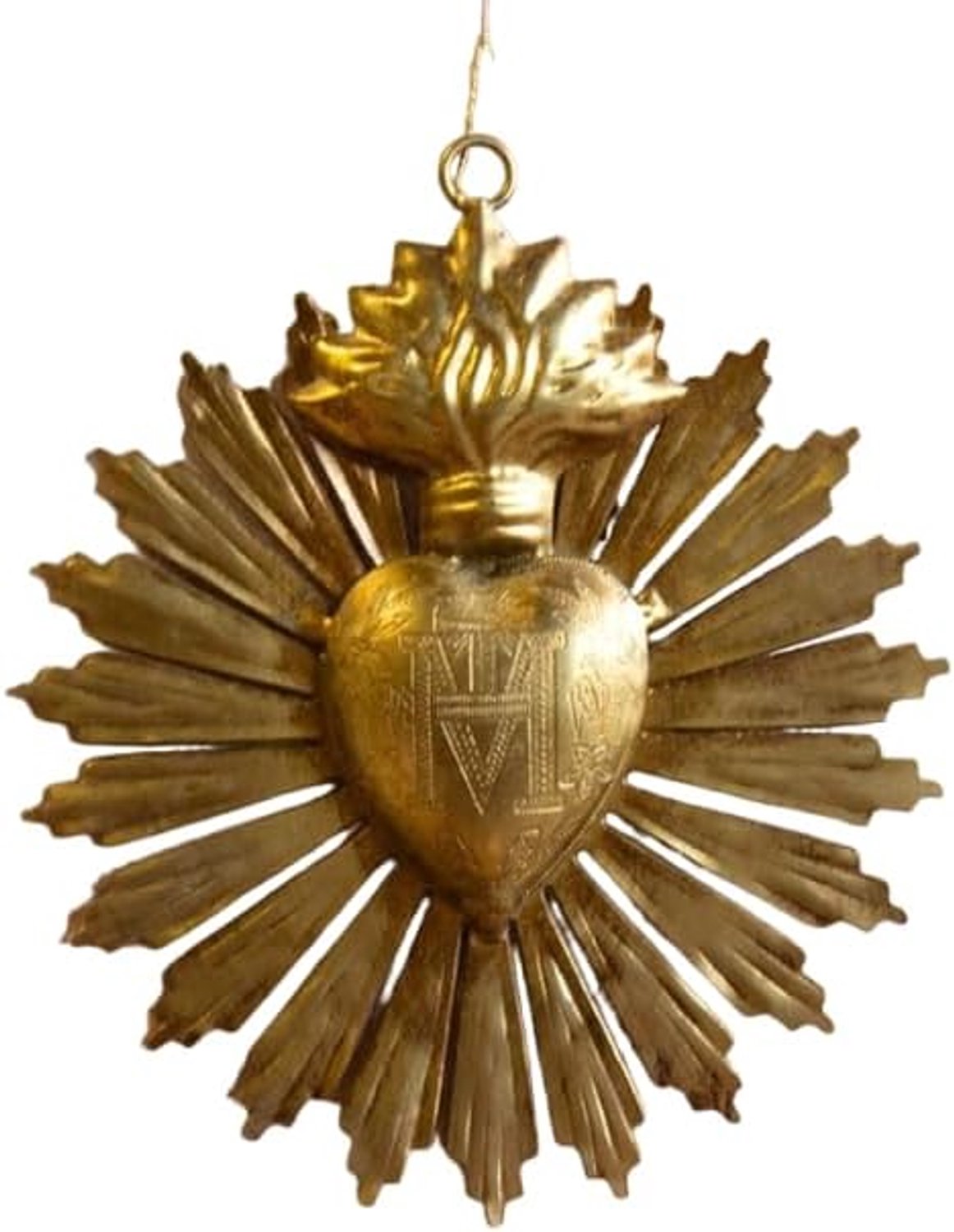 Ex-voto Antiek gouden messing hart, gravures, oranje fluwelen koord, 13 x 11,5 cm
