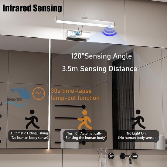 FREEDL LED-Spiegellamp Badkamer met Schakelaar, Badkamer Wandlamp met Bewegingssensor, 6000K Badkamerlamp Wand 240° Draaibaar, Waterdicht IP44 Make-uplicht voor Spiegelkasten en Spiegels, 42CM 8W — afbeelding 2