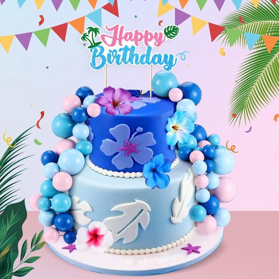 37 stuks roze blauwe taarttoppers, taartdecoratie, bloemen, taartdecoratie, Hawaiaanse taartdecoratie voor verjaardag, bruiloft, zomer, babyshower — afbeelding 3