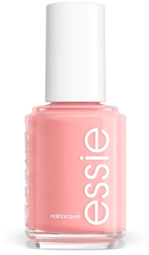 Een glanzende fles Essie nagellak in de kleur 'Sugar Daddy', een lichtroze tint.