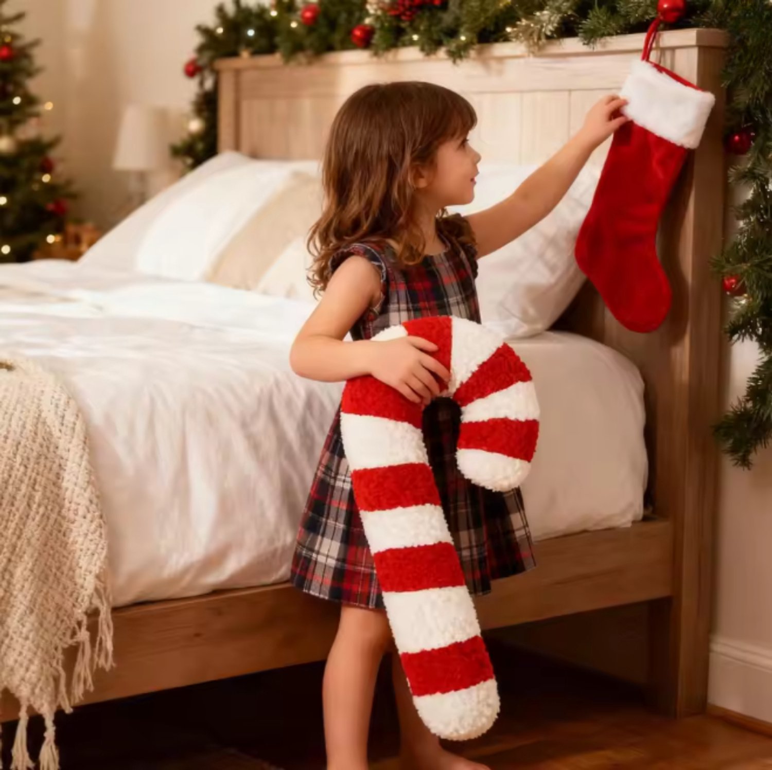 Norvia - Kerst Sierkussen - Candy Cane Vorm - Zacht Pluche Kussen - Kerstdecoratie voor Woonkamer en Bank - Comfortabel Kerstkussen – foto 6