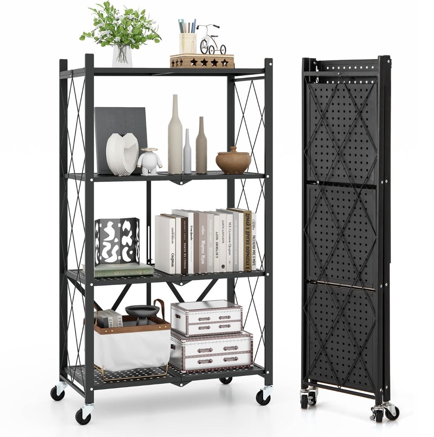 SureDeal® - Opbergkast - Niveau Opklapbare Opbergplank - Vergrendelbare Wielen Stevige - Keuken Woonkamer Werkplaats - 71x34x126 cm - Donkerbruin