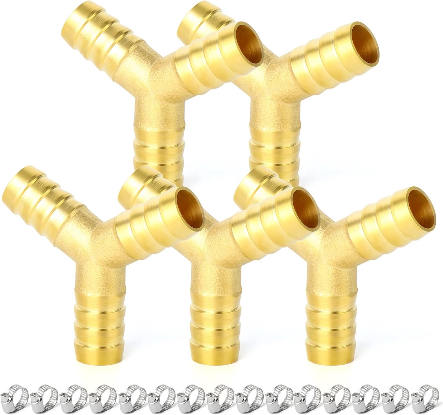 5 Pieces 10mm Brass Hose Connector, 3 Way Y-Shaped Hose Fitting with 15 Pieces Clamps - ShopVlot