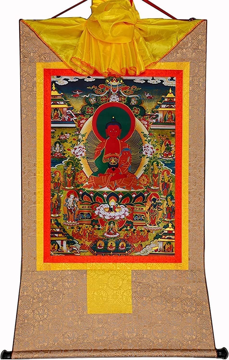 Amidabha in Pure Land, Elysium van het boeddhisme, Sukhavati, Tibetaanse Thangka schilderkunst, Boeddha wandtapijt met rol (kleur: blauw, maat: klein (35 cm * 27 cm) (Color : Beige, Size : Small(35c