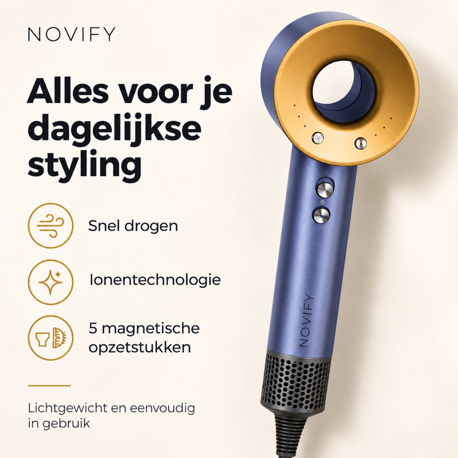 NOVIFY® Fohn - Fohnborstel - Haardroger met 5 opzetstukken - Fohn met Diffuser - 1500W - Midnight Gold - 2025 thumbnail 6