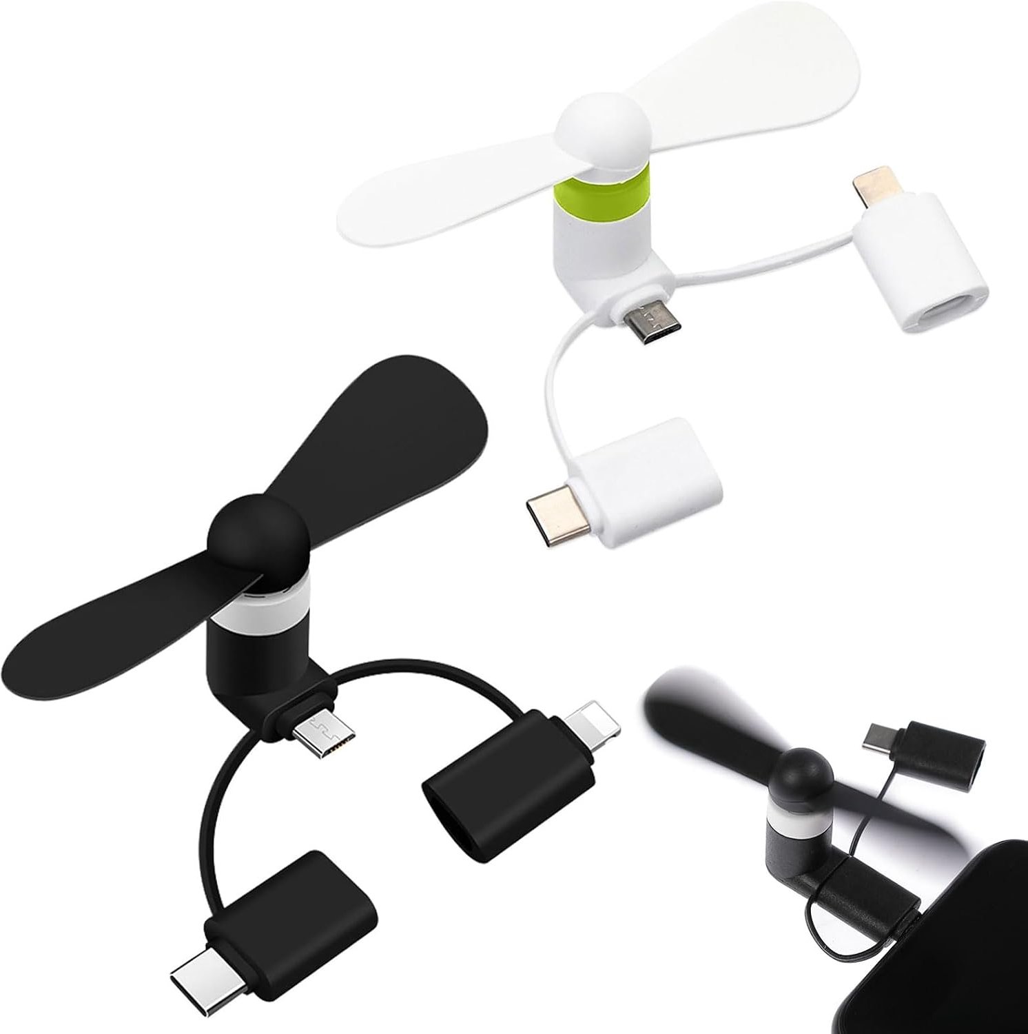 Mini-mobiele telefoonventilator,3-in-1 mobiele telefoonventilator,draagbare koeler,compatibel met iPhone/Micro-USB/type C/poortventilator (zwart,wit)